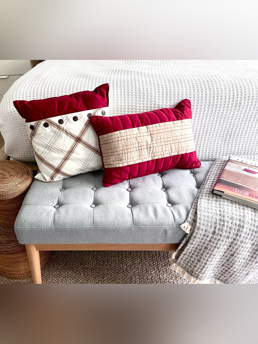 Decorative Red, White, Tan Reversible Pillow Set- Home Holiday